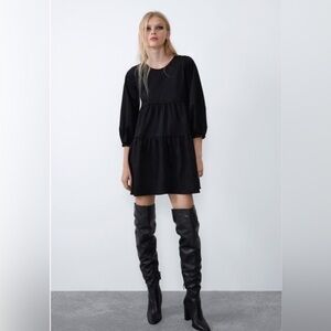 Zara Faux Suede Tiered 3/4 Sleeve Trapeze Swing Dress Black Pockets